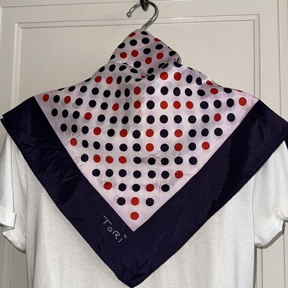 Vintage 60s/70s Tori red, white & blue polka dot acetate scarf - Picture 9 of 9